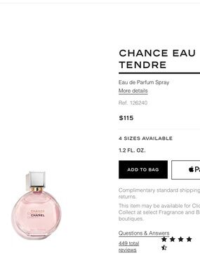 CHANEL Chance Eau de Parfum - Pink Glass with Gold Plate 1.2 ounces